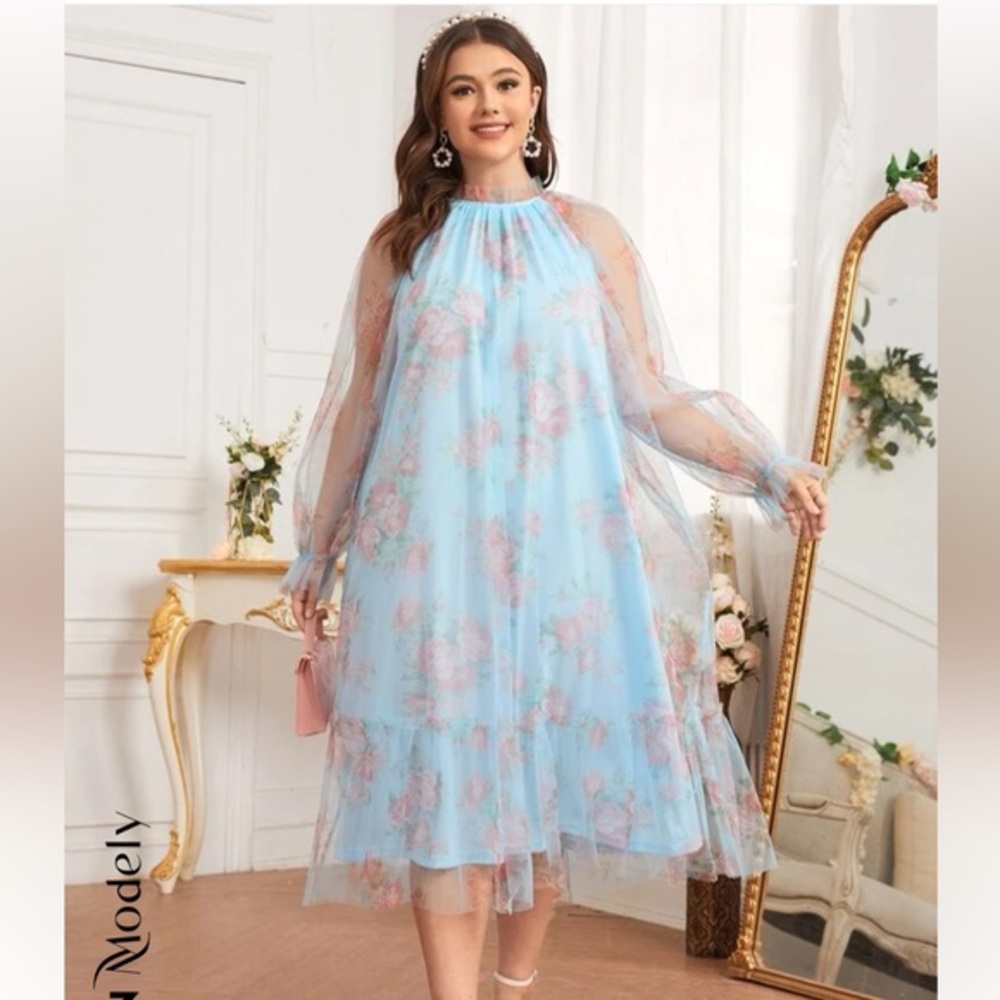 Sheer Floral Layered Midi Dress - Light Blue